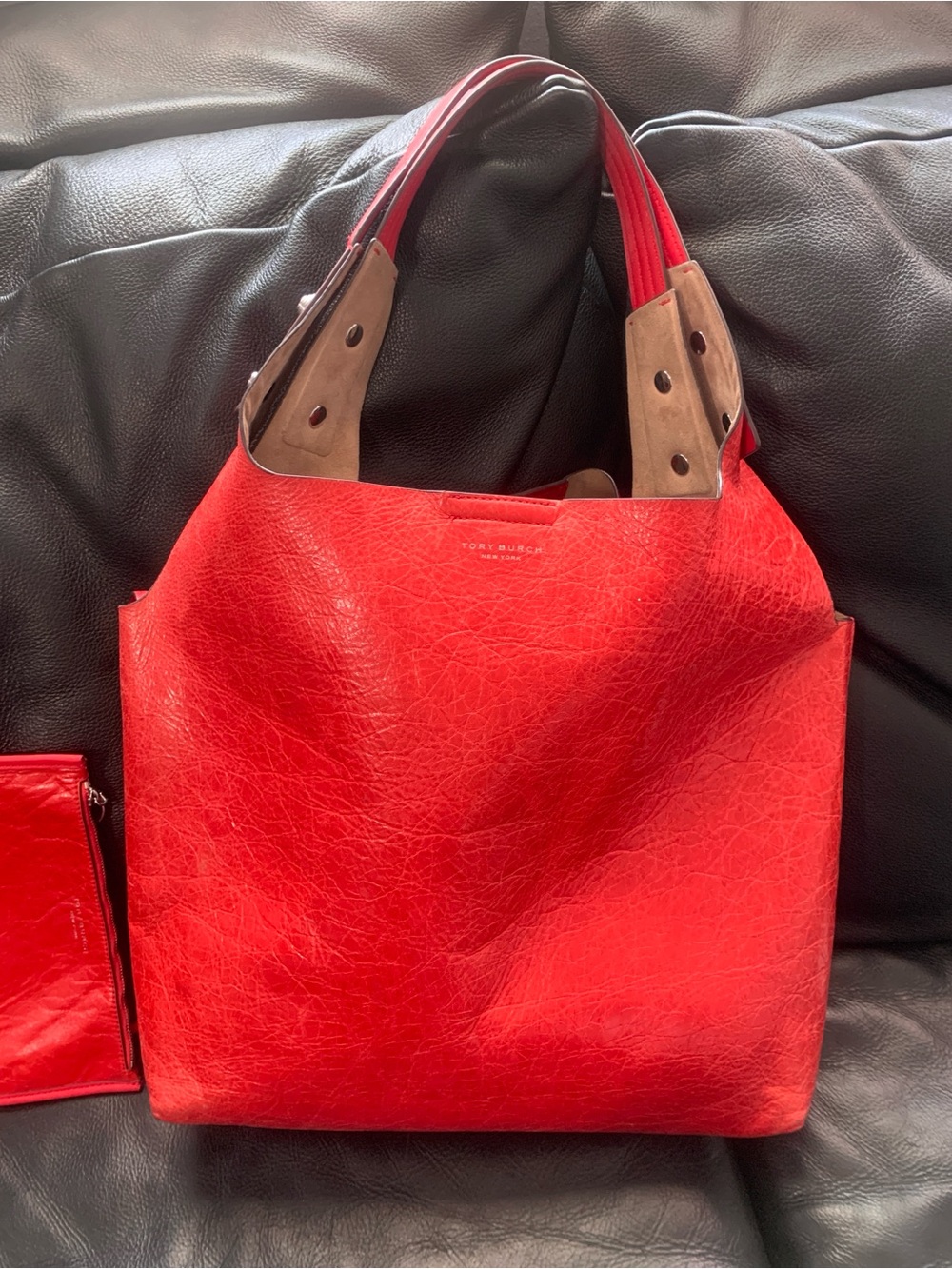 Tory Burch Rory Leather Tote Bag – Bright Coral / Orange Red